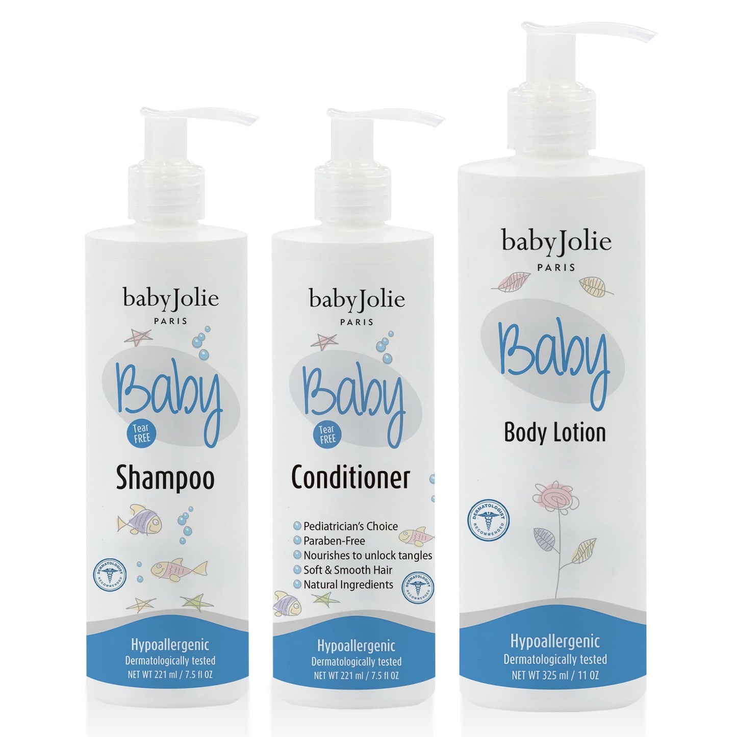 Baby Jolie Baby Bath Set – Tear-Free Shampoo, Conditioner & Lotion (7.5oz/221ml; 11oz/325ml)