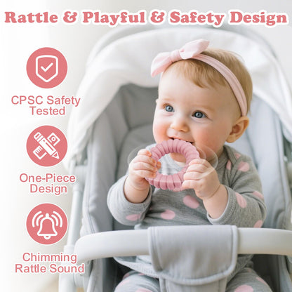Baby Teether Toys - Silicone Teether Rings with Rattle (3 Pack)