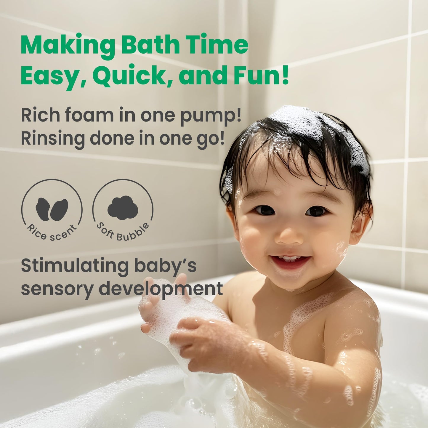 BabyCaptain Vegan Rice Baby Wash 13.52 oz – Tear-Free 2-in-1 Shampoo & Body for Newborns, Plant-Based Korean Skincare
