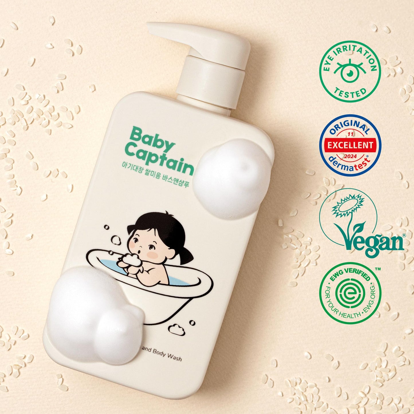 BabyCaptain Vegan Rice Baby Wash 13.52 oz – Tear-Free 2-in-1 Shampoo & Body for Newborns, Plant-Based Korean Skincare
