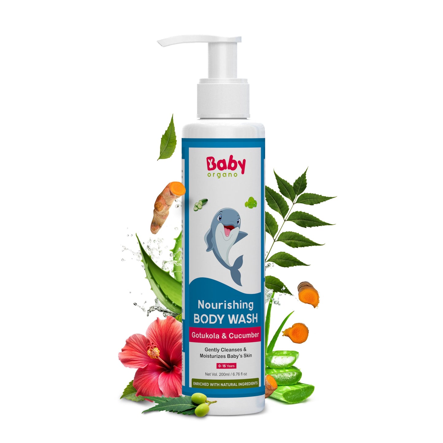 Babyorgano Baby Body Wash 200ml – Aloe Vera, Hibiscus & Neem | Tear-Free for Kids | Paraben Free | FDCA Approved