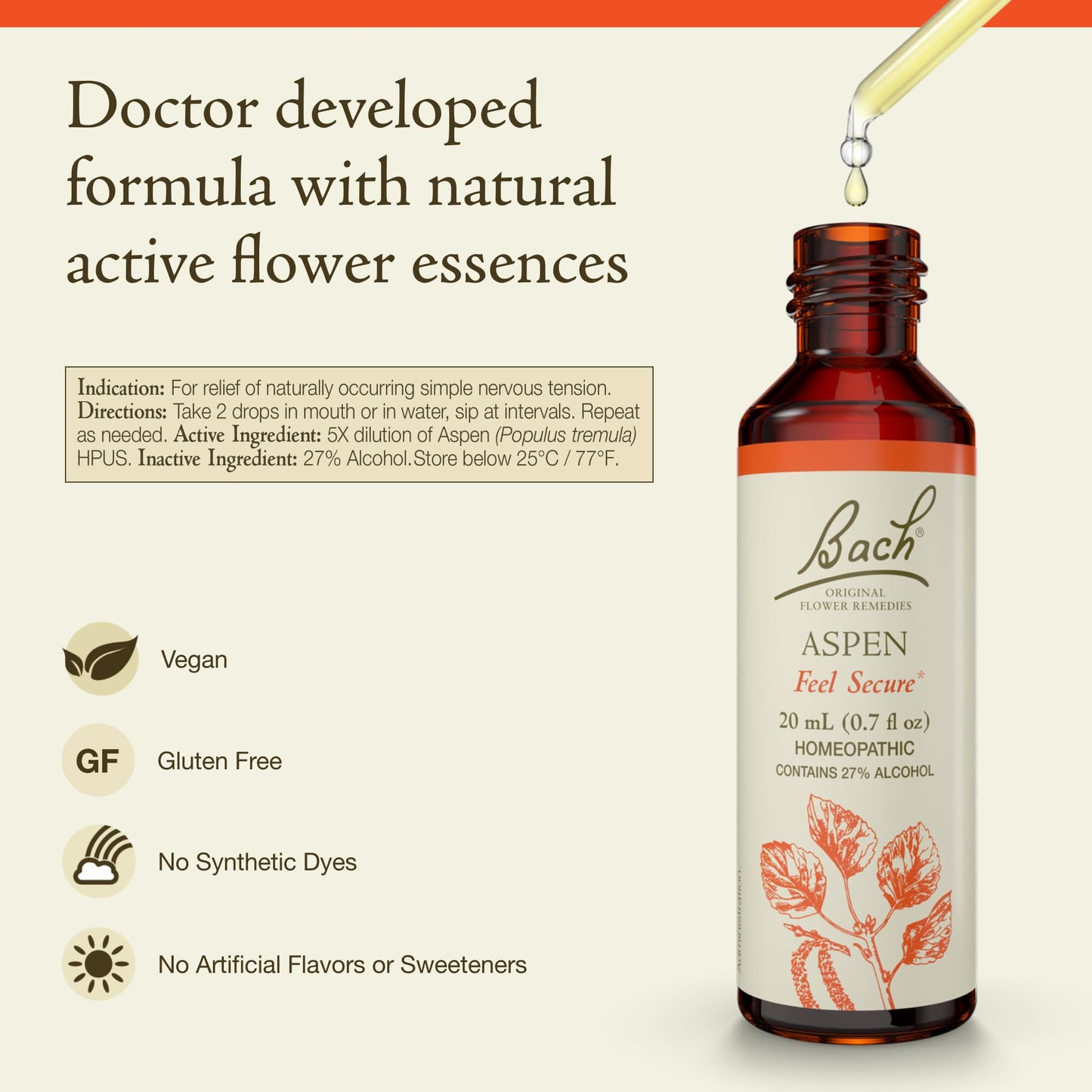 Bach Aspen Flower Remedy – Feel Secure | 20mL Dropper – Vegan, Gluten Free