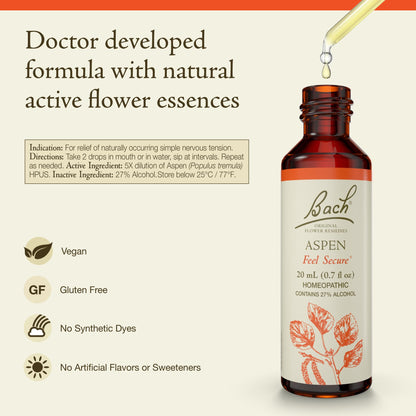 Bach Aspen Flower Remedy – Feel Secure | 20mL Dropper – Vegan, Gluten Free