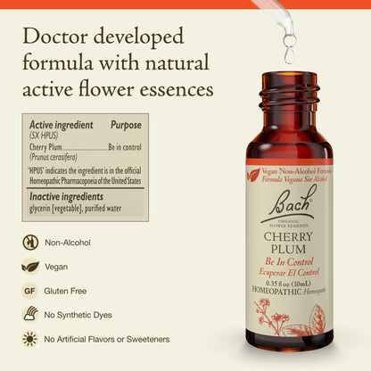 Bach Cherry Plum Non-Alcohol Formula - Be in Control | Natural Flower Remedies 10mL Dropper
