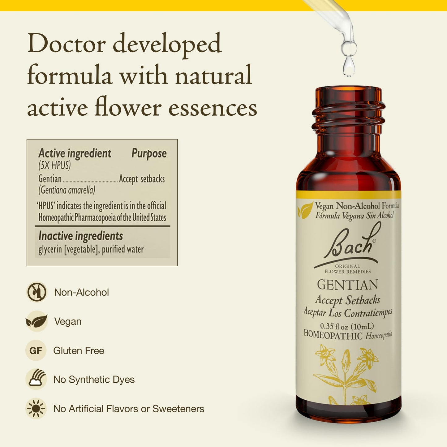Bach Gentian (Non-Alcohol Formula) - Accept Setbacks | Emotional Balance | Vegan, Gluten Free, Sugar Free - 10mL Dropper