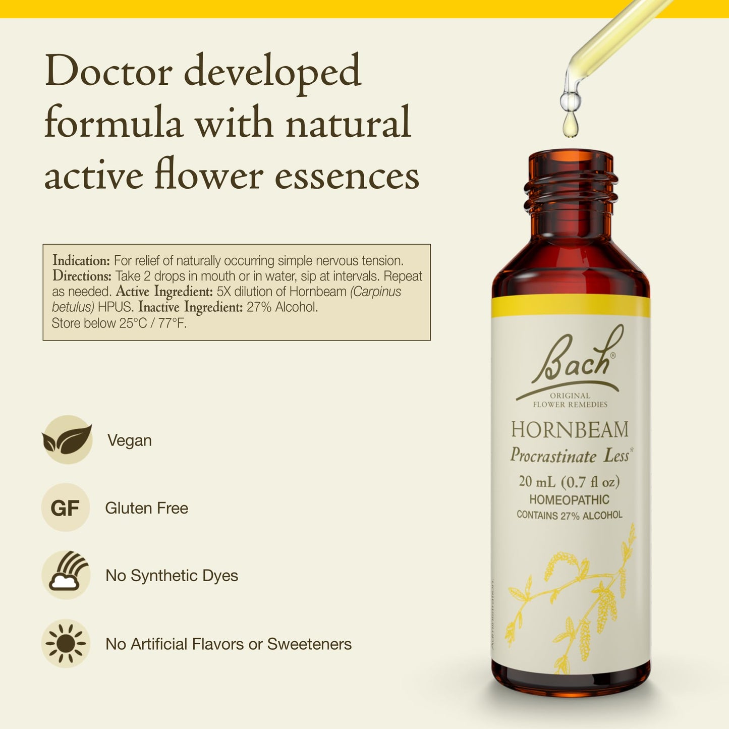 Bach Hornbeam Procrastinate Less – Natural Flower Remedy | 20mL Dropper | Vegan, Gluten Free