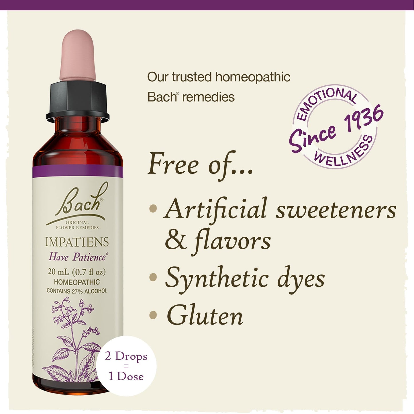 Bach Impatiens Have Patience – Original Flower Remedies (20mL Dropper) | Vegan, Gluten Free, Sugar Free