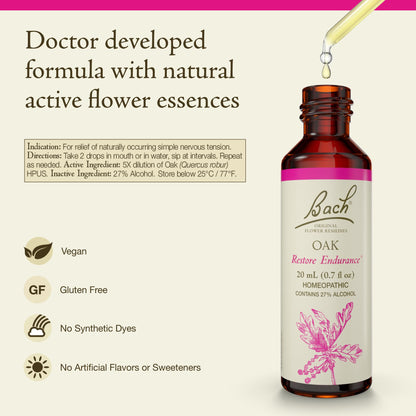 Bach Oak Flower Remedy – Restore Endurance | 20mL Vegan Gluten Free Sugar Free
