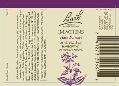 Bach Original Flower Remedies 2-Pack – Have Patience (Impatiens & Cherry Plum), 20mL Dropper, Vegan