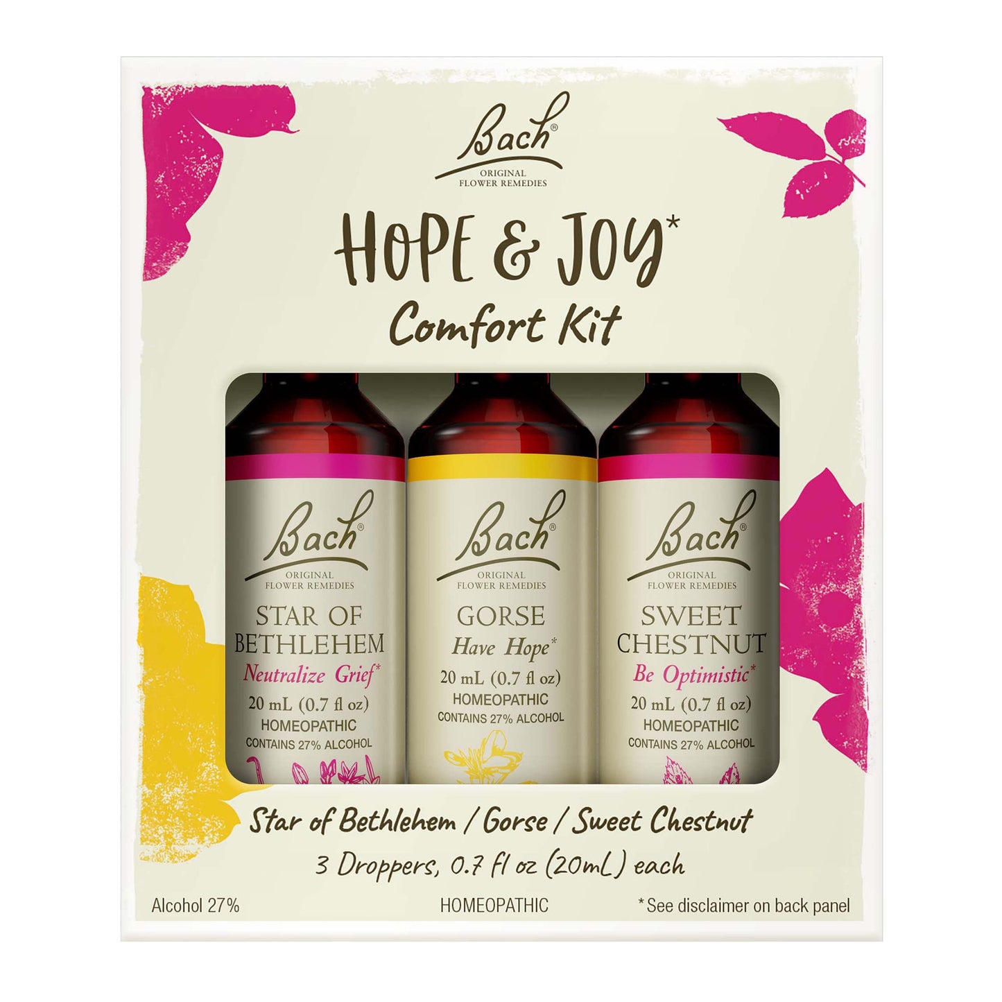 Bach Original Flower Remedies Hope & Joy Kit – 3 x 20mL Droppers, Vegan