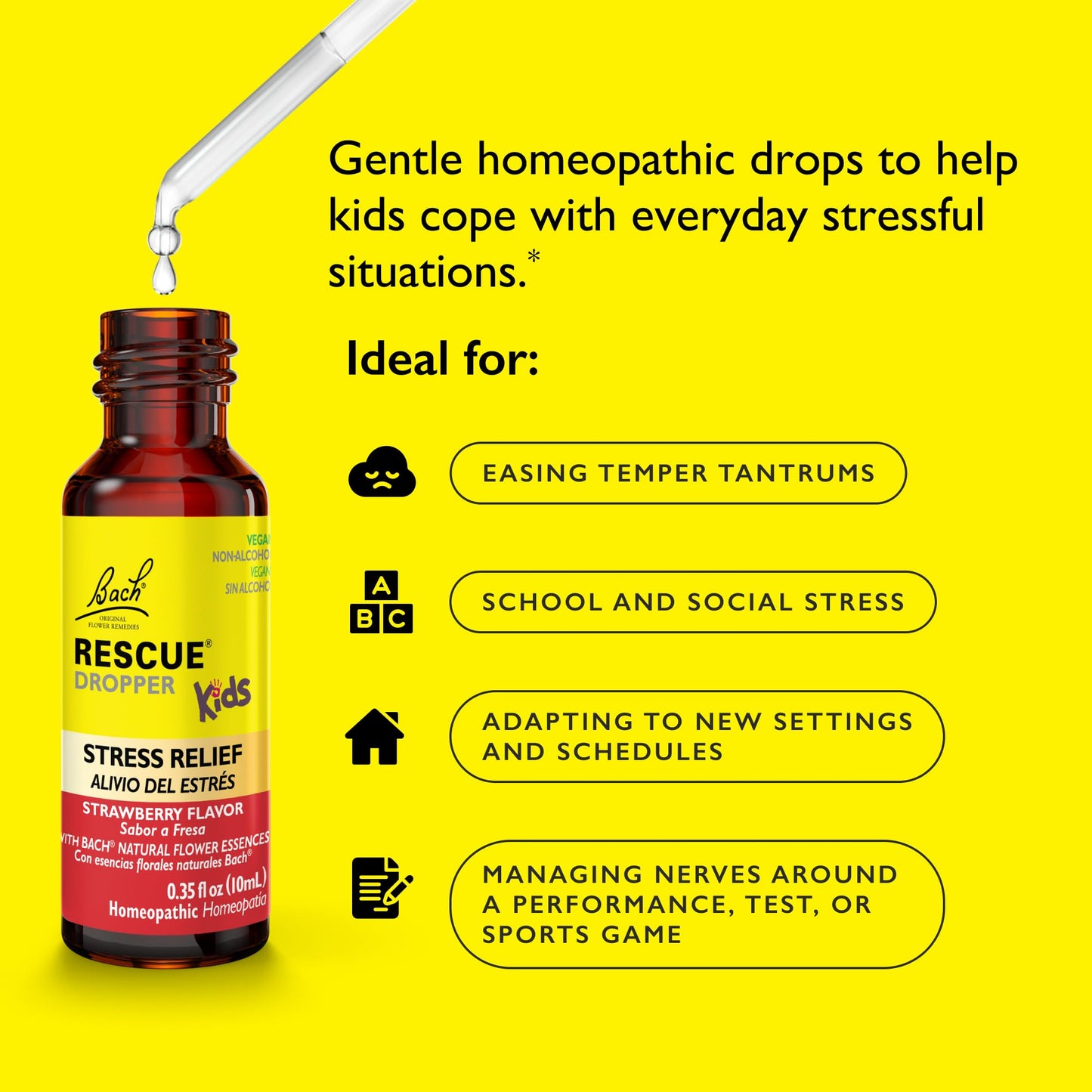 Bach RESCUE Kids Dropper – Strawberry Flavor, Stress Relief for Children (10 mL) – Homeopathic Flower Essences
