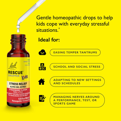 Bach RESCUE Kids Dropper – Strawberry Flavor, Stress Relief for Children (10 mL) – Homeopathic Flower Essences
