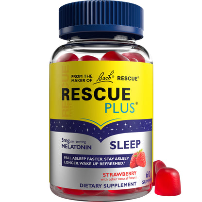 Bach RESCUE PLUS Melatonin Sleep Gummies – Strawberry, Vegan, Gluten-Free (60 Count)