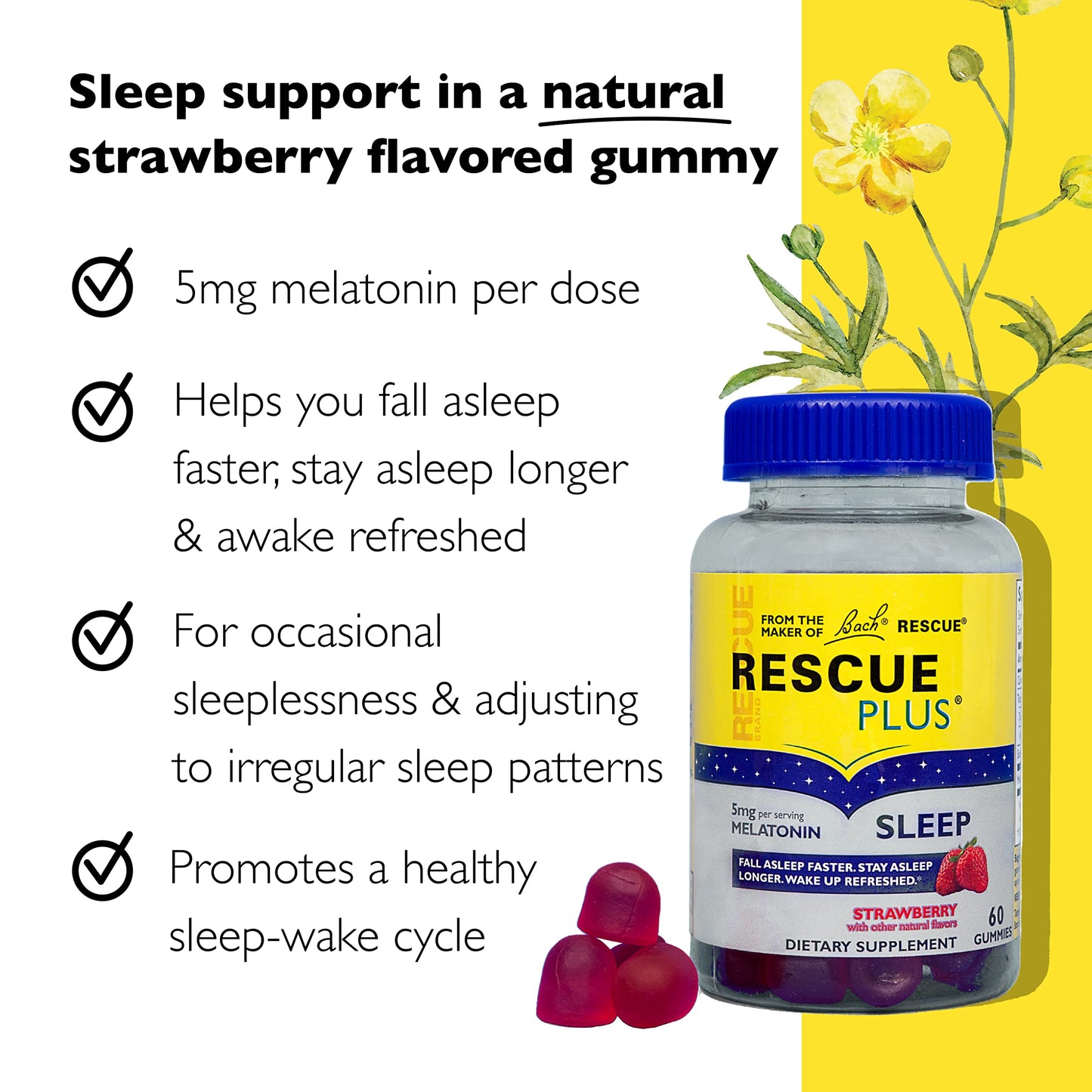 Bach RESCUE PLUS Melatonin Sleep Gummies – Strawberry, Vegan, Gluten-Free (60 Count)