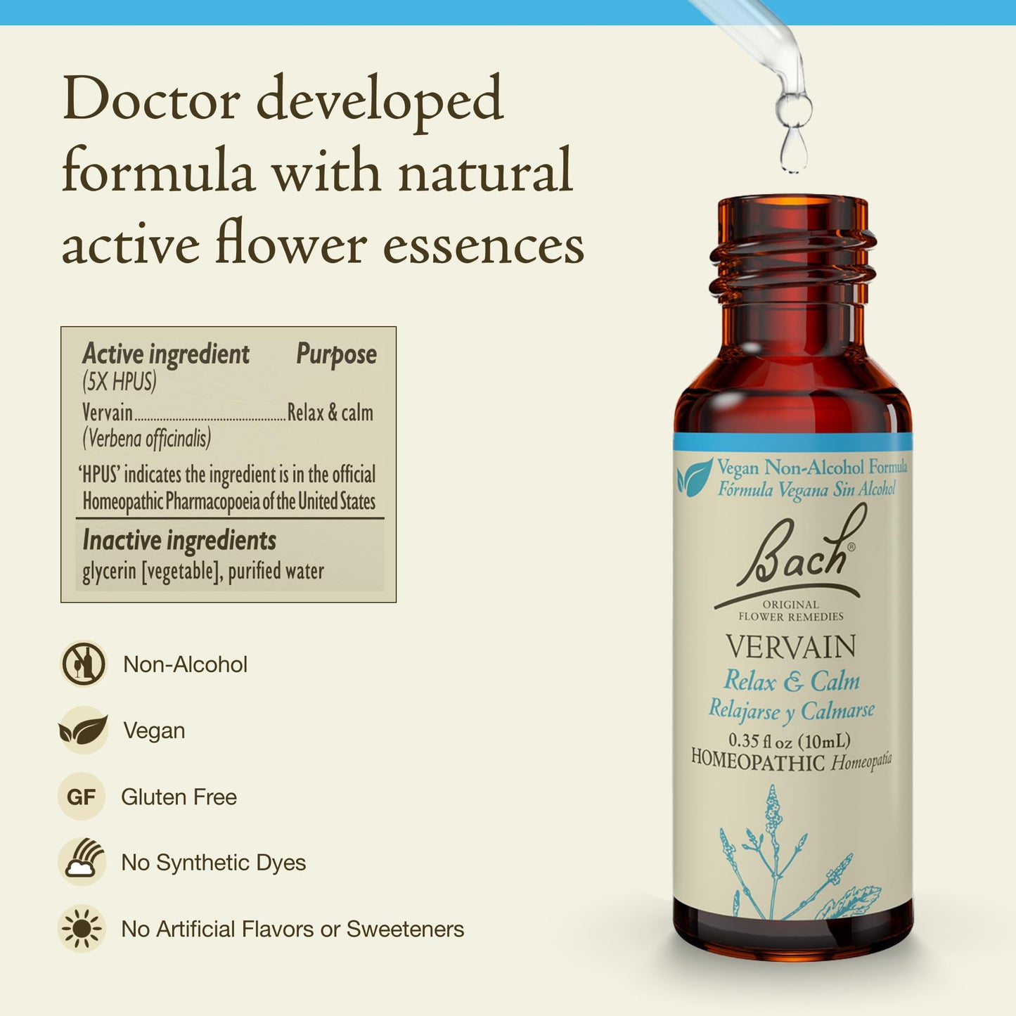 Bach Vervain - Non-Alcohol Flower Remedy for Relax & Calm | 10mL Dropper