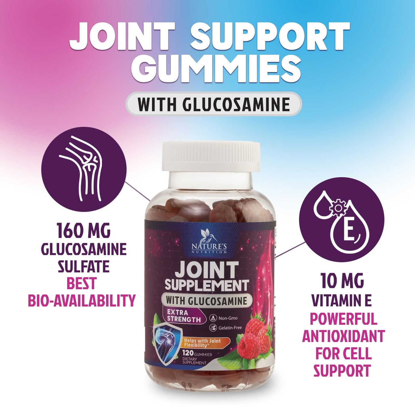 Nature's Nutrition Joint Support Gummies – Glucosamine & Vitamin E, 120 Gummies