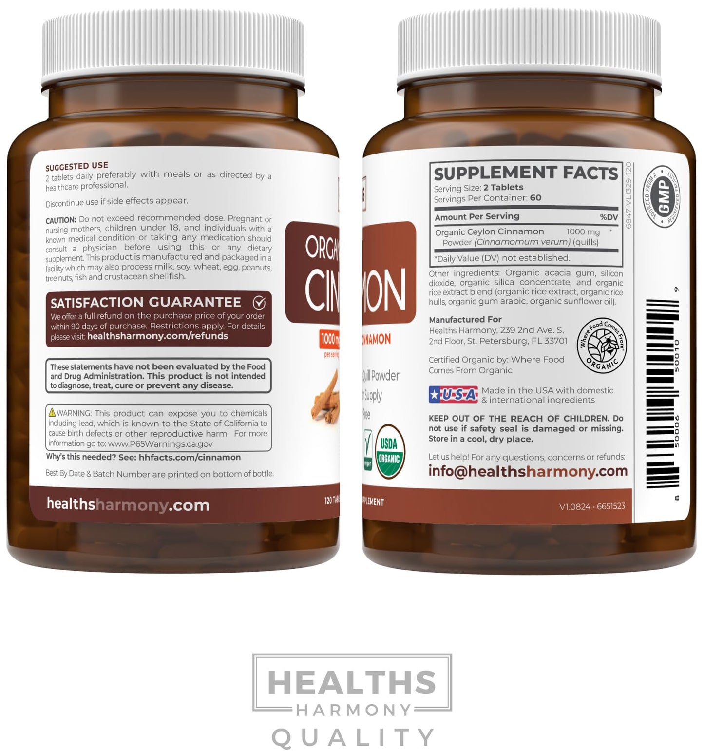 USDA Organic Ceylon Cinnamon Pills - 1000mg per Serving, 120 Veggie Capsules | Full Body Antioxidant Support | Vegan & Non-GMO (2 Months Supply)