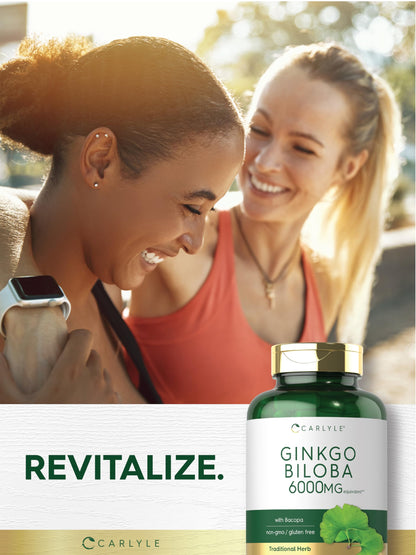 Carlyle Ginkgo Biloba Pills – 6000mg per Serving | 200 Capsules | Bacopa Extract | Extra Strength, Non-GMO & Gluten Free