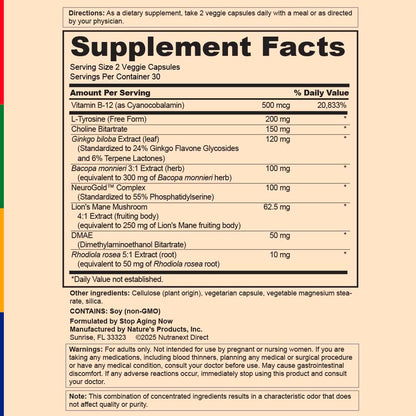 Stop Aging Now: Brain Energizer – 60 Veggie Caps | Advanced Complex with Lion's Mane, Bacopa & DMAE