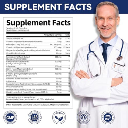 Brain Supplements for Memory & Focus – Nootropic with Bacopa Monnieri, Lion's Mane, Alpha GPC & Ginkgo (120 Caps)