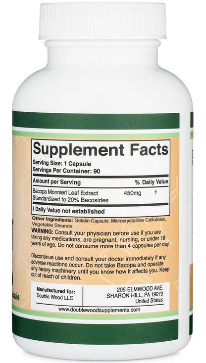 Bacopa Monnieri Capsules 450mg | 20% Bacosides - Non-GMO, Gluten Free | Double Wood