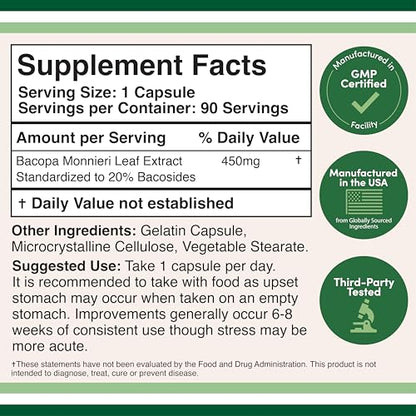Bacopa Monnieri Capsules 450mg | 20% Bacosides - Non-GMO, Gluten Free | Double Wood