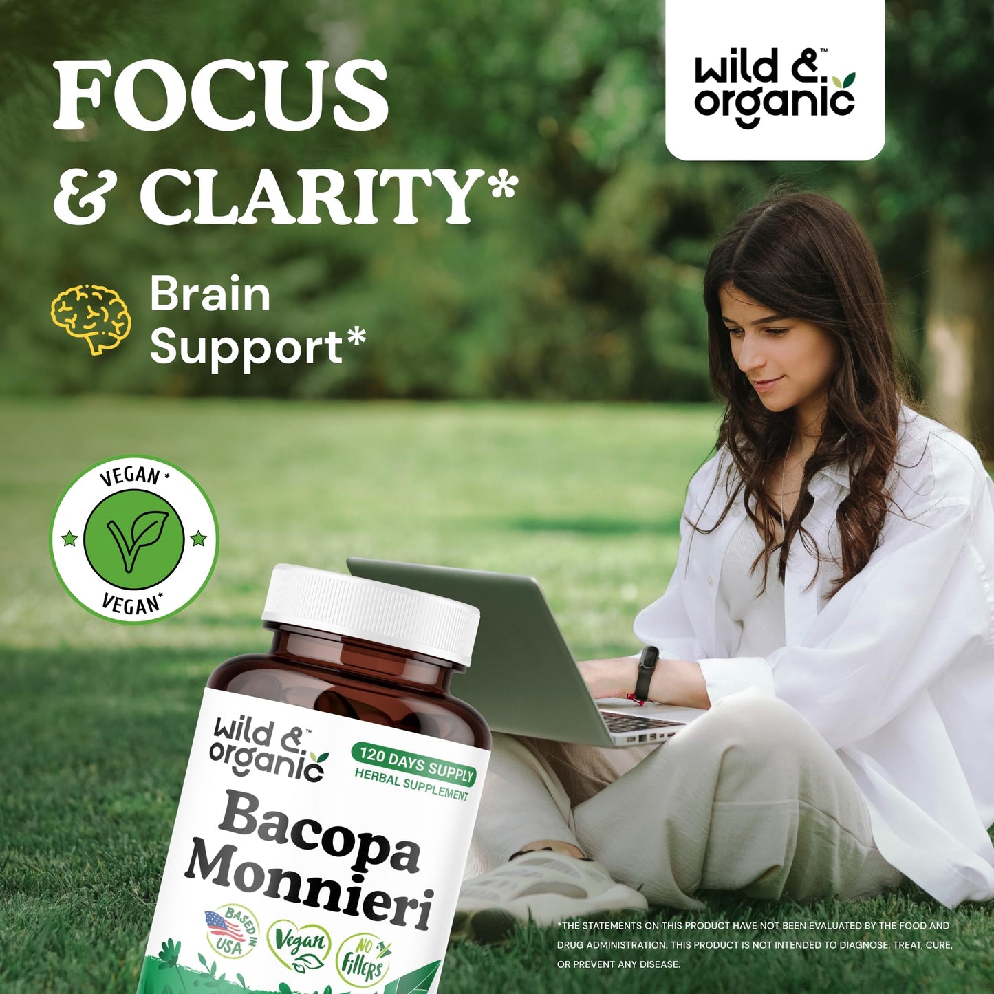 Wild & Organic Bacopa Monnieri Capsules 600 mg | Brain Support | 120-Count | Vegan