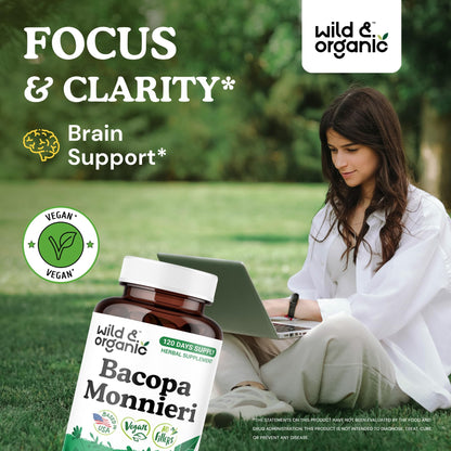 Wild & Organic Bacopa Monnieri Capsules 600 mg | Brain Support | 120-Count | Vegan