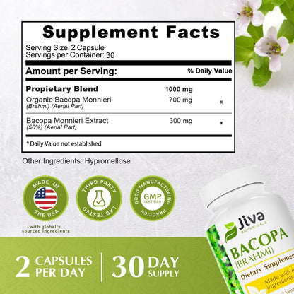 Jiva Botanicals Bacopa Monnieri 1000mg – Focus & Memory Support (60 Capsules)