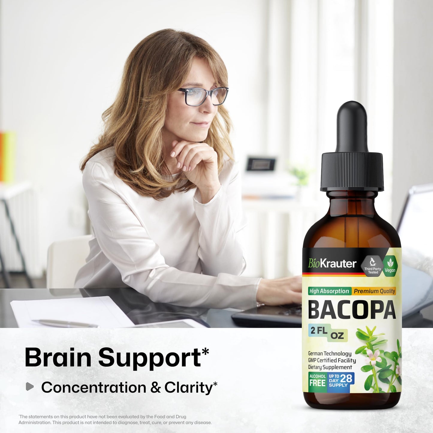 BIO KRAUTER Bacopa Monnieri Drops – Vegan Brahmi Brain Support 2 Fl Oz
