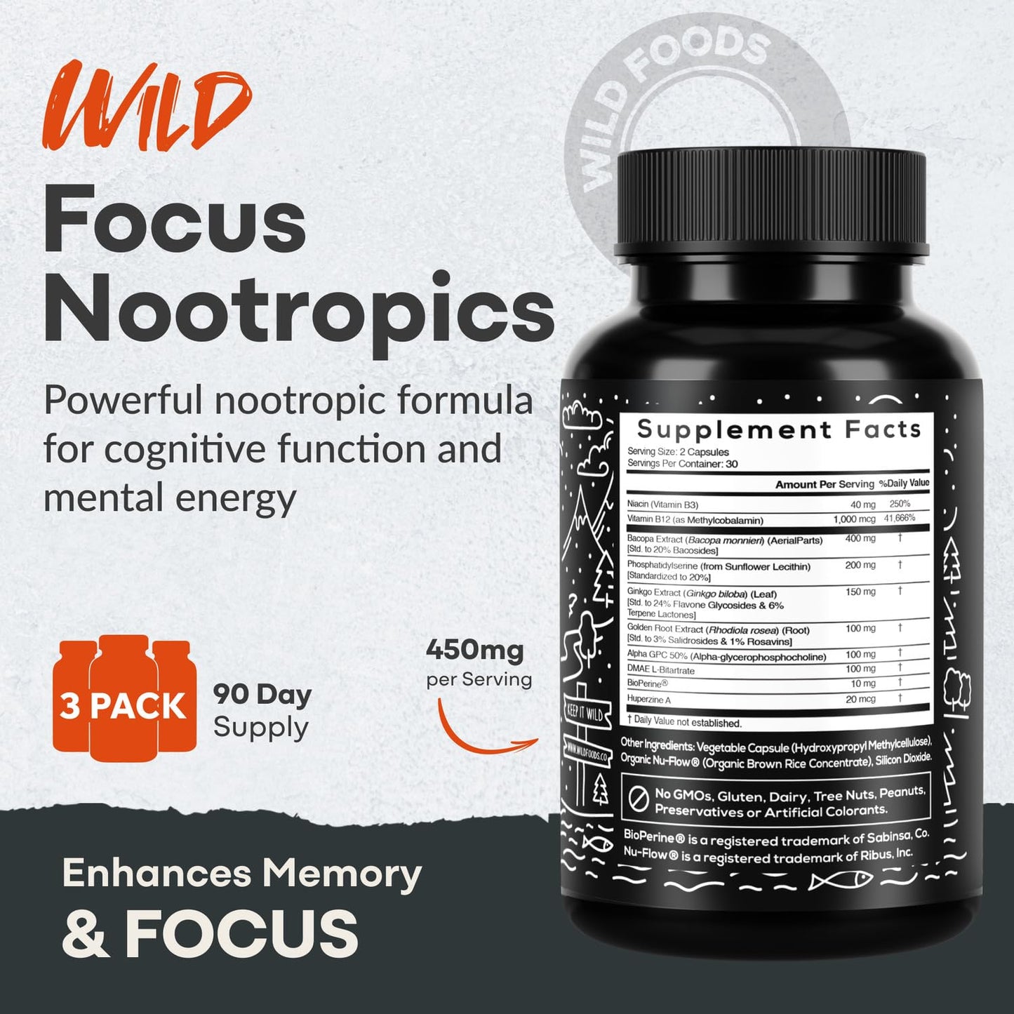 Wild Focus Brain Supplements | Caffeine-Free, Plant-Based Botanicals | Lions Mane, Ginkgo Biloba, Bacopa Monnieri, Lemon Balm | 100% Natural Nootropic | 60 caps