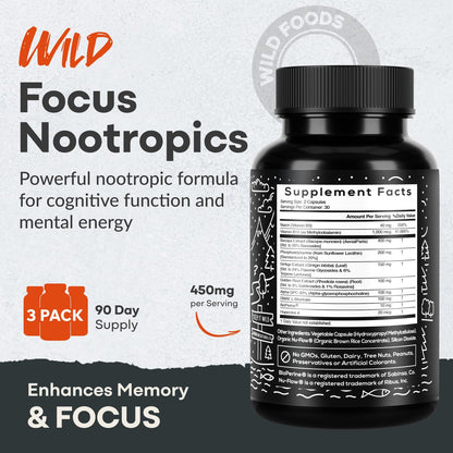 Wild Focus Brain Supplements | Caffeine-Free, Plant-Based Botanicals | Lions Mane, Ginkgo Biloba, Bacopa Monnieri, Lemon Balm | 100% Natural Nootropic | 60 caps