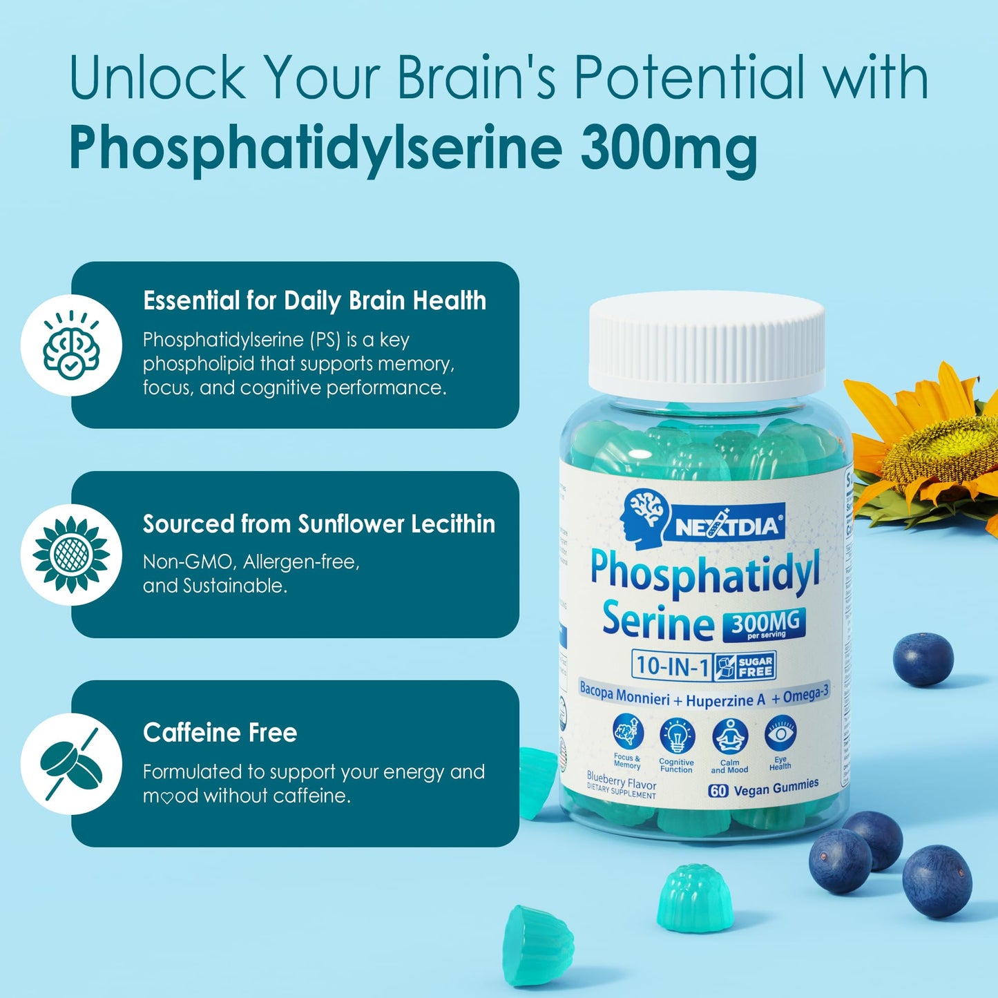 Phosphatidylserine Nootropic Brain Supplement - Focus & Energy Gummies with Bacopa Monnieri, Omega-3, Huperzine A, B12 & B6 - 2 Pack