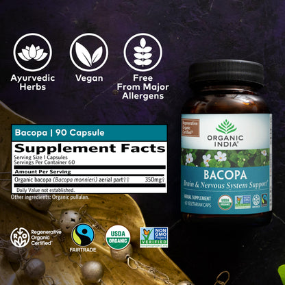 Organic India Bacopa Monnieri – Brain, Memory & Focus | 60 Vegan Capsules