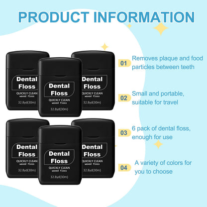 Baderke 6 Pack Waxed Dental Floss – 30m Each, Travel Size, Black