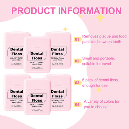 Baderke 6 Pack Mini Waxed Dental Floss – 30m Each, Travel Pack (Pink)