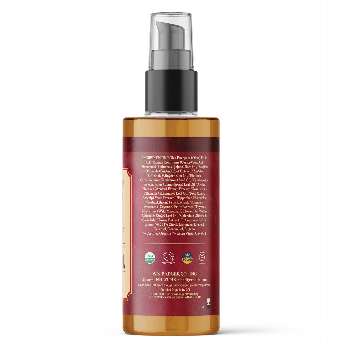 Badger Ginger Massage Oil - 100% Organic, Arnica & Cayenne, 4 oz Glass Bottle
