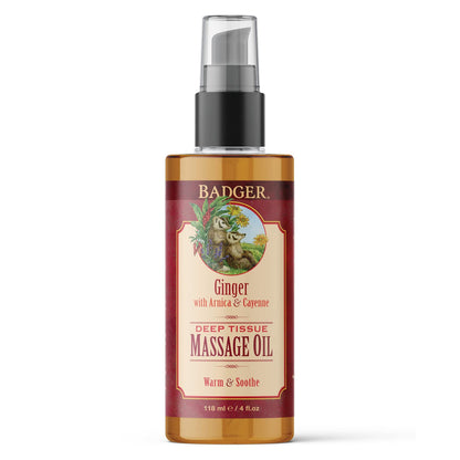 Badger Ginger Massage Oil - 100% Organic, Arnica & Cayenne, 4 oz Glass Bottle