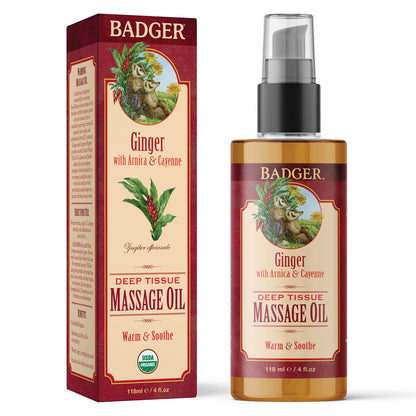 Badger Ginger Massage Oil - 100% Organic, Arnica & Cayenne, 4 oz Glass Bottle