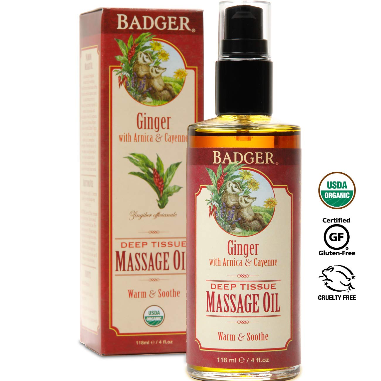 Badger Ginger Massage Oil - 100% Organic, Arnica & Cayenne, 4 oz Glass Bottle