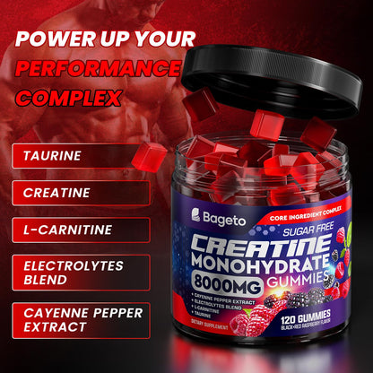 Bageto Creatine Monohydrate Gummies Complex 8000mg – Berry Flavored Vegan Chewables (120 Gummies)