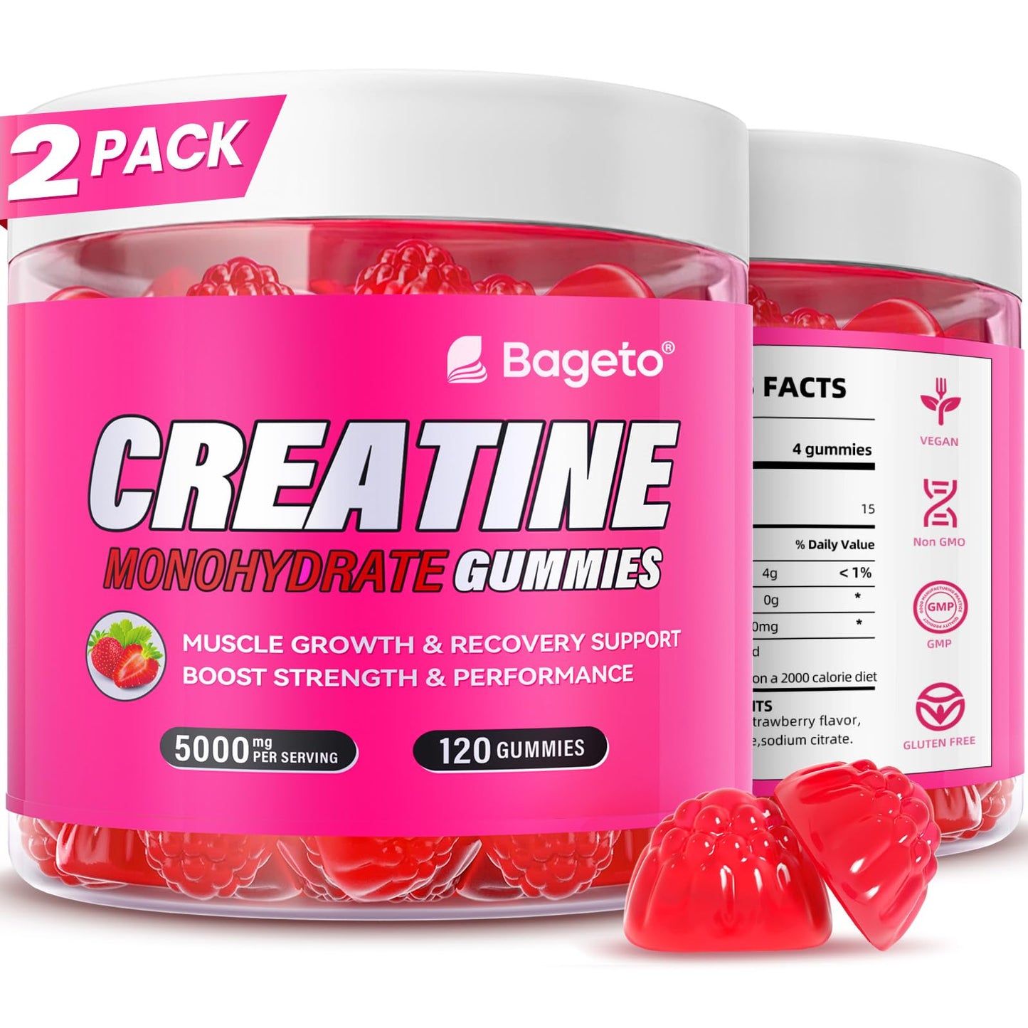 Bageto Creatine Monohydrate Gummies – 5000mg per Serving | Vegan, 0g Sugar, Strawberry 2