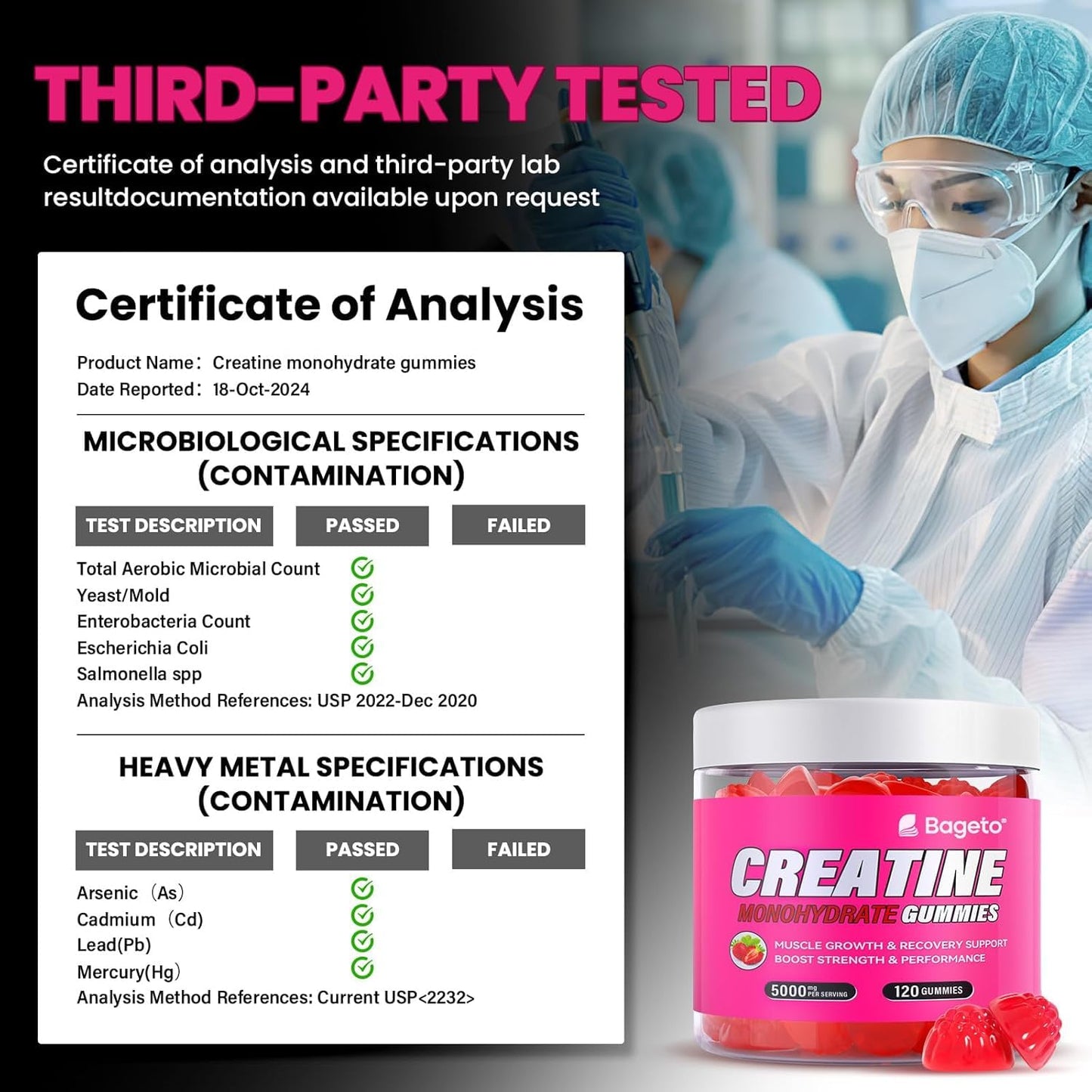 Bageto Creatine Monohydrate Gummies – 5000mg per Serving | Vegan, 0g Sugar, Strawberry 2