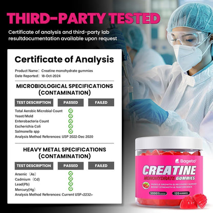 Bageto Creatine Monohydrate Gummies – 5000mg per Serving | Vegan, 0g Sugar, Strawberry 2