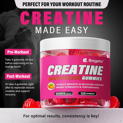 Bageto Creatine Monohydrate Gummies – 5000mg per Serving | Vegan, 0g Sugar, Strawberry 2
