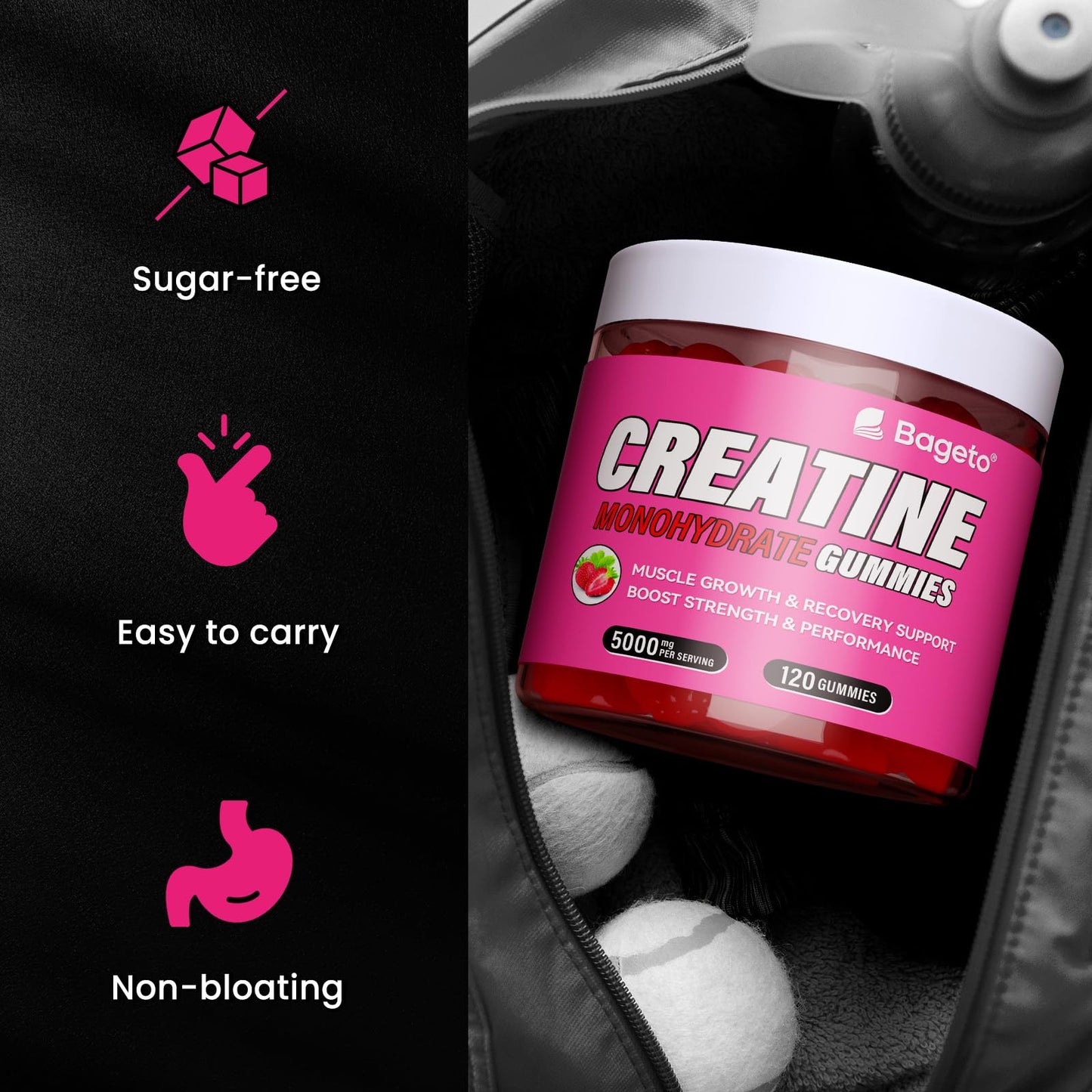Bageto Creatine Monohydrate Gummies – 5000mg per Serving | Vegan, 0g Sugar, Strawberry 2