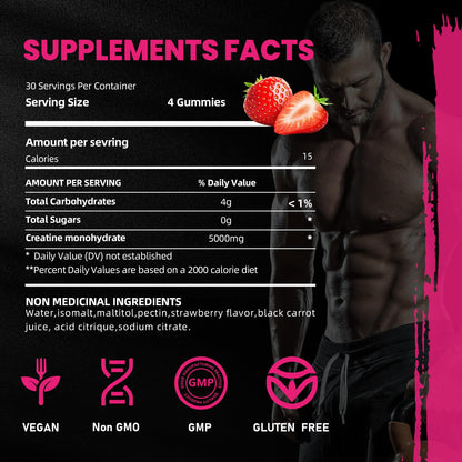 Bageto Creatine Monohydrate Gummies – 5000mg per Serving | Vegan, 0g Sugar, Strawberry 2