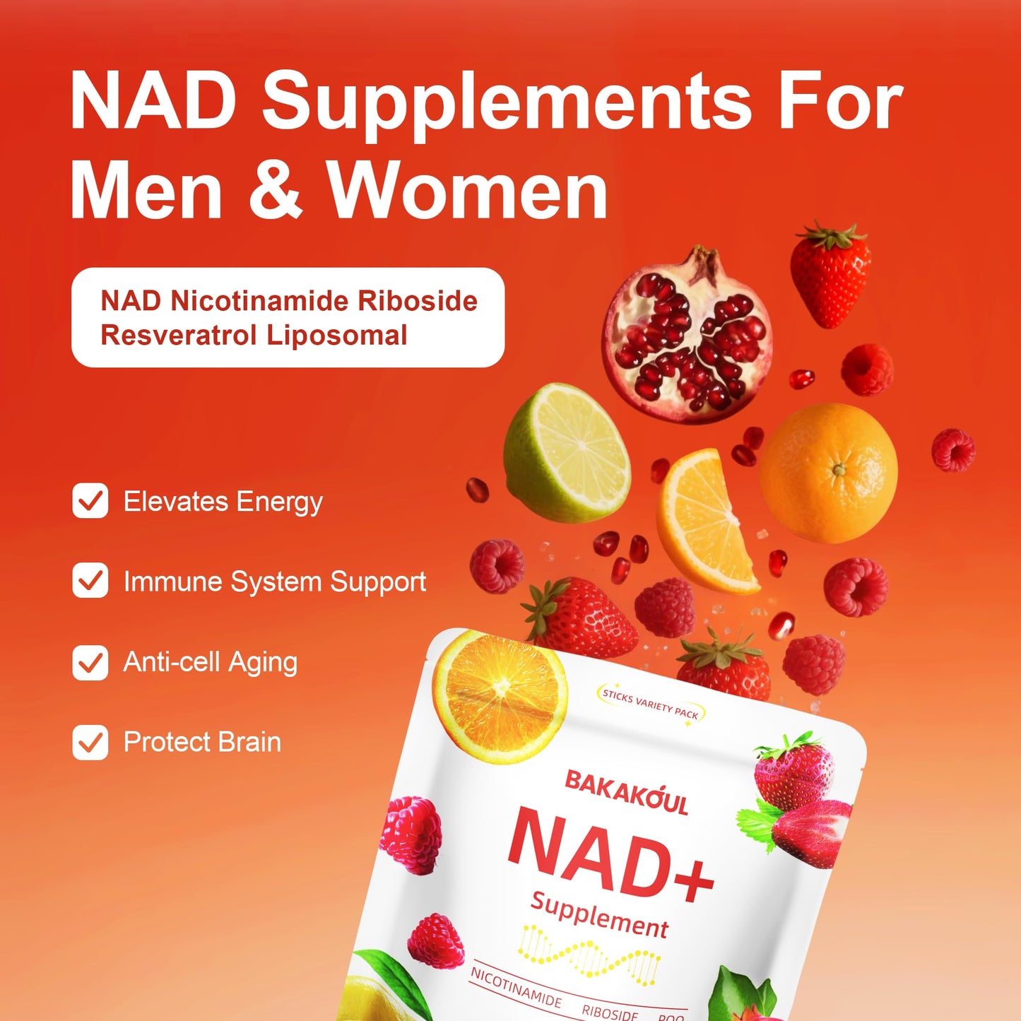 BAKAKOUL NAD Supplements for Men & Women - NAD Powder with Resveratrol | Non-GMO, Sugar-Free | 5 Flavors, 30 Stickpacks