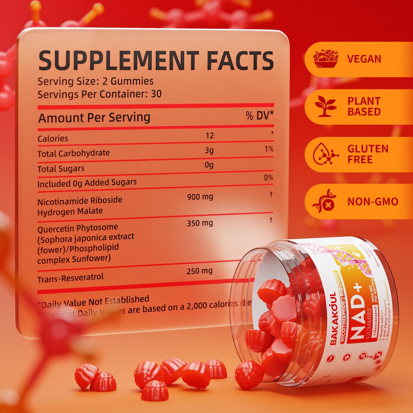 BAKAKOUL NAD Gummies – NAD+ Liposomal NR, 900mg, 60 Gummies