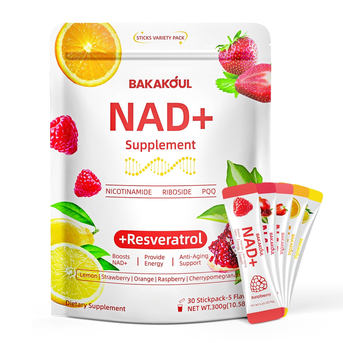 BAKAKOUL NAD Supplements for Men & Women - NAD Powder with Resveratrol | Non-GMO, Sugar-Free | 5 Flavors, 30 Stickpacks